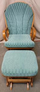 Wooden Glider Rocking Chair With an Ottoman and Light Blue Corduroy-Style Cushions. 41"x32"x21"