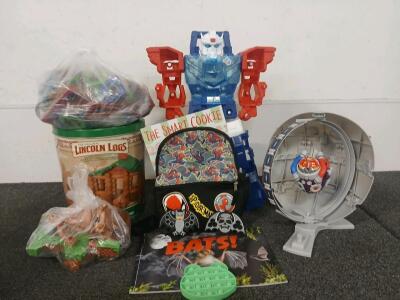 Various Children's Toys Including (2) Books, (3) Fidget Toys, Lincoln Logs, (2) Bagged Play Sets, (2) Action Figures, Spiderman Backpack
