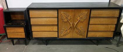 Mid-Century Modern Bassett "Mayan" or "Aztec" Collection Walnut Credenza/Dresser 12 Drawers 36"x72"x18", Matching 2-Drawer Nightstand 32"x18"x15"