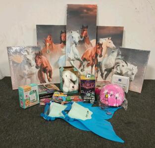 Running Horses 5 Piece Wall Hanging, Mermaid Fins, Pink Bicycle Helmet, Variety Of Childrens Toys And Crafts
