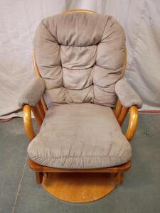 Wooden Glider/Swivel Rocking Chair With a Light Brown or Taupe Cushion 40"x27"x32"
