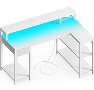 SUPERJARE 47 inch Reversible L Shaped Desk with LED Lights & Power Outlets, Computer Desk with Shelves & Monitor Stand, Gaming Desk with Drawer, Home Office Desk Corner Desk