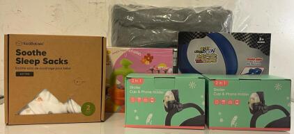 Grey Fuzzy Throw Blanket, Toys, Soothe Sleep Sacks (6-8 Months) & Stoller Cup & Phone Holders