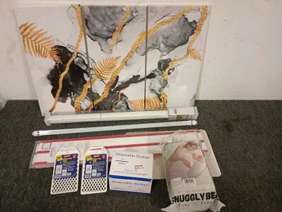 (2) 36" x 6" Kick Plates, (4) 36" LED Florescent Replacement Lights, 29" x 73" Black Out Roller Shade, Snugglybee Maternity Pillow, 100 Piece Disposable Syringes, (12) Paint Can Grids, And More!