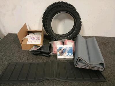 2 Dirt Bike Tires XON-MEI, 1-80/100-12 MIC 41M, 1-60/100-14 MIC 30M, (2) 50 Count Disposable Face Masks With Nose Clips, Balloon Arch Kit, GoodBoy Inflatable Dog Collar Size 9"-12.5", And More