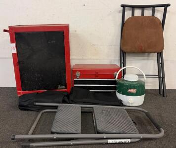 (1) Craftsman 3-Drawer Portable Metal Tool Box, (1) Vintage Coleman 1-Gallon Beverage Cooler Jug, (2) Braveboy Rear Collection Grass Catcher Bag, And So Much More!!