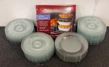 Kitchen Supplies!! Including 20+ Matching Glass Plates And (1) Betty Crocker 3-Tier Oven Rack!!