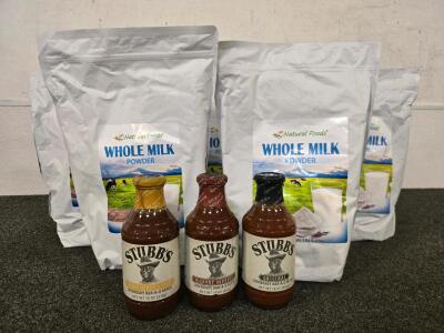 (5) 5lbs Bags of Whole Milk Powder, (3) Bottles of Stubbs BBQ Sauce