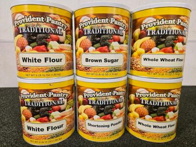 (4) 3 LB 15 OZ Cans Of Flour, (1) 2 LB Can of Shortening Powder, (1) 3 LB Can of Brown Sugar