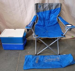 Coleman Big & Tall Quad Camping Chair in Blue. [2]Coleman Party Stacker Coolers, 8"x21"x13"