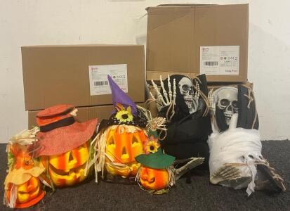 (2) Sets Of 4 Halloween Light Up Pumpkin Decorations & (2) Pcs Light Up Swinging Ghouls Decoration