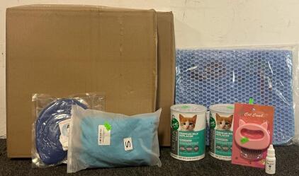 (2) Cat Scratcher Interactive Toys, Litter Mat, Milk Formula, Grooming Sling & More