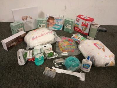 (2) Memories And Milestones Of Babys First Five Years Diaries, (3) 12" Seagull Soft Plush Pillows, (3) Name Game Sets, Wooden Alarm Clock, Toddler Tumblers And More!