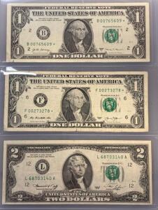 (2) $1 Star Dollar Notes W/ 1976 $2 Bill