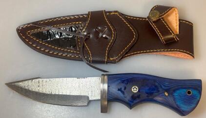 Damascus Steel Hunting Knife: Custom Wood Handle, Leather Sheath
