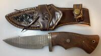 Damascus Steel Hunting Knife: Custom Wood Handle, Leather Sheath