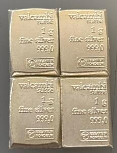 (4) Valcambi Suisse 1G 999.0 Fine Silver Bars