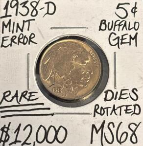1938-D MS68 RARE MINT ERROR GEM BUFFALO NICKEL