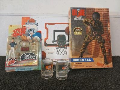 Various Collectibles Including (2) Vintage A&W Mugs, (1) G.I. Joe Action Figure, (1) Speed Racer Action Figure, & (1) Indoor Basketball Hoop.