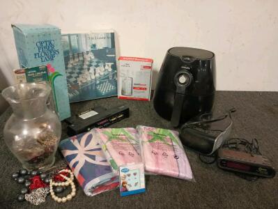 Arris SB6190 1Gbs Cable Modem Like New! Phillips Small Deep Fryer, Dell Laptop Docking Station, (8) New Shower Curtains, CD Player Alarm Clock, Glass Vase 1/2 Full Of Costume Jewelry, Glass Chess Set, Optic Fiber Flowers Lamp