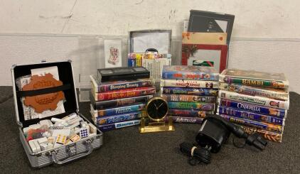 Collection Of VHS Tapes, Tabletop File Organizers, Case Of Dominos, Air Pump (Works), And More