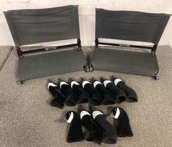 (11) Canada Goose Decoy Heads, And (2) Stadium Chairs