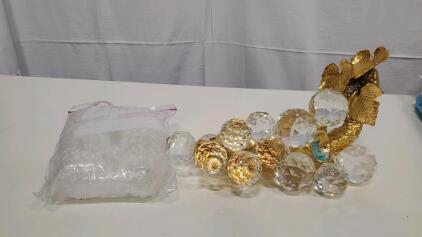 Decorative Gold Cornucopia with 13 Crystal Balls, Metal and Glass