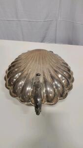 Silver Plated Clam Shell Serving Dish, Claw Feet, Ornate Handle