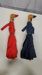Raines Compact Umbrella with Duck-Shaped Wooden Handle, Red & Navy Blue