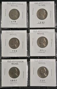(6) 1949-1959 Old Jefferson Nickels