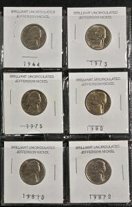 (6) 1964-1987 Brilliant Uncirculated Jefferson Nickels