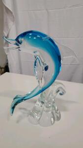 Formia Murano Glass Dolphin Sculpture, Blue and Clear, 12 inches