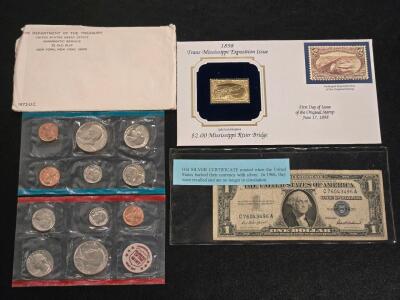 1957 $1 Silver Certificate Note, 1898 Trans-Mississippi 22k Gold Stamp Replica & 1972 Uncirculated Coin Set
