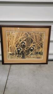 Framed Charles Frac&eacute; Lithograph Print of Raccoons, Signed, Wood Frame