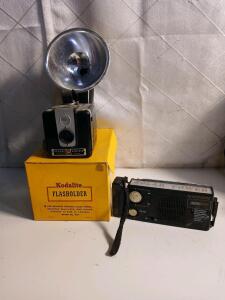(1) Vintage Kodak Brownie Hawkeye Flash Model Camera (1) Vintage Kodak Kodalite Flasholder For Brownie Hawkeye Camera (1) Nippon Dynamo & Solar Am/FM Radio Flashlight
