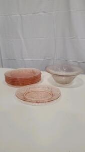 (6) Vintage Pink Glass Plates And (1) Pink Glass Bowl