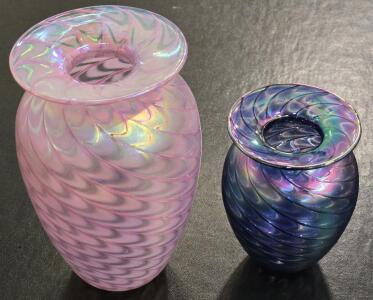 (2) Vintage Mt. St Helen's Iridescent Pulled Feather Art Glass Vases - The Glass Eye Studio - 4" & 6"