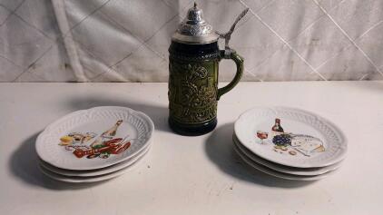 (1) Vintage Stoneware Gerz W Germany Beer Stein W/ Pewter Lid (1) Set Of 6 Vintage Philippe Deshoulieres Appetizer Plates