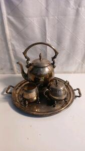 Vintage Sheridan Silver On Copper Teapot W/ Sugar And Creamer Pot And Serving Tray