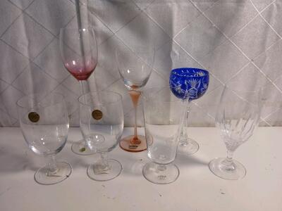 (1) Vintage Nachtmann Traube Crystal Cobalt Blut Wine Glass & (6) Assorted Crystal Water Goblets/Wine Glasses