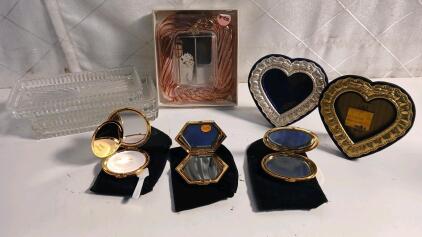 (3) Vintage Compact Mirros (2) Vintage Heart Shaped Small Picture Frames (1) Crystal Rectangle Picture Frame & More