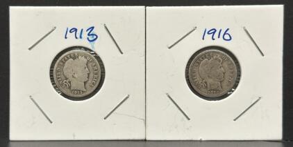 Barber Dimes Dated 1913 & 1916, U.S. Coin, Silver-Copper Composition