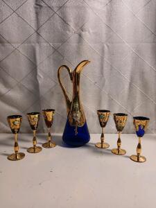 Vintage Murano Venetian Glass Decanter Set W/ 24K Gold Overlay And Hand-Painted Enamel Flowers