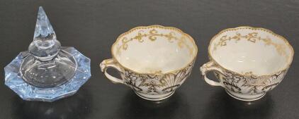 Vintage Blue Glass Perfume Bottle & (2) Vintage Bone China Gilt Teacups