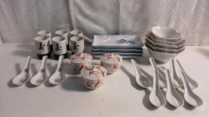 (4) Vintage Otagiri Blue And White Ceramic Dishes (3) Japanese Kutani Ware Porcelain Lidded Cups (3) Hand-Painted Chinese Porcelain Soup Spoons & More