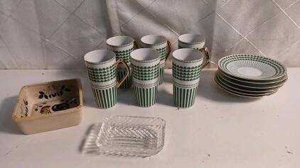 (1) Vintage 4" Crystal Cigarette Ash Tray (1) Set Of 6 Ucagco Ceramics St. Patty's Four Leaf Clover Espresso Cup & Saucer (1) Hand-Painted Ucagco Early Provincial Small Hors D'oeuvre/Relish Dish