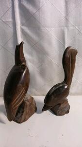 10" Hand-Carved Wooden Pelican & 11" Hand-Carved Wooden Hawk