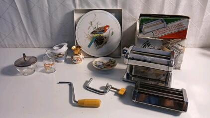 (1) Vintage Mia Cucina Atlas Pasta Machine (1) Set Of 6 Vintage Hardboard Jason Cork Backed Placemats (5) Assorted Porcelain/Glassware