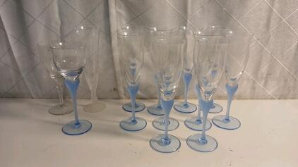 (1) Set Of 10 Vintage Mikasa Sea Mist Sapphire Crystal Champagne Flutes (3) Assorted Crystal Wine Glasses/Flutes