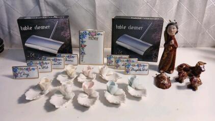 (1) Porcelain Place Cards (2) HandHeld Silverplated Table Crumb Sweeper (8) Adapter Verithin Lenwile China Rose On A Salt Leaf Ring Dish & More